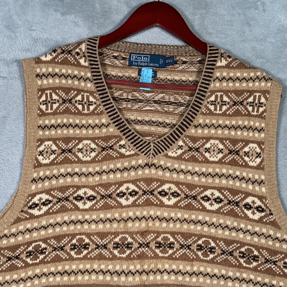 Polo Ralph Lauren Sweater Vest Mens 2XL Brown Cashmere Fair Isle Knit Vintage - Picture 2 of 8